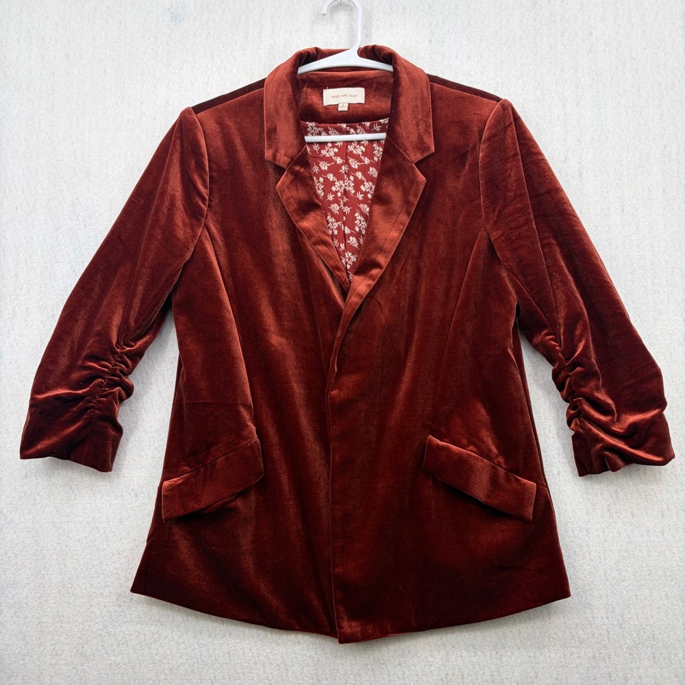 Skies Are Blue Womens Rust Orange Velvet Ruched Sleeve Blazer Jacket Small